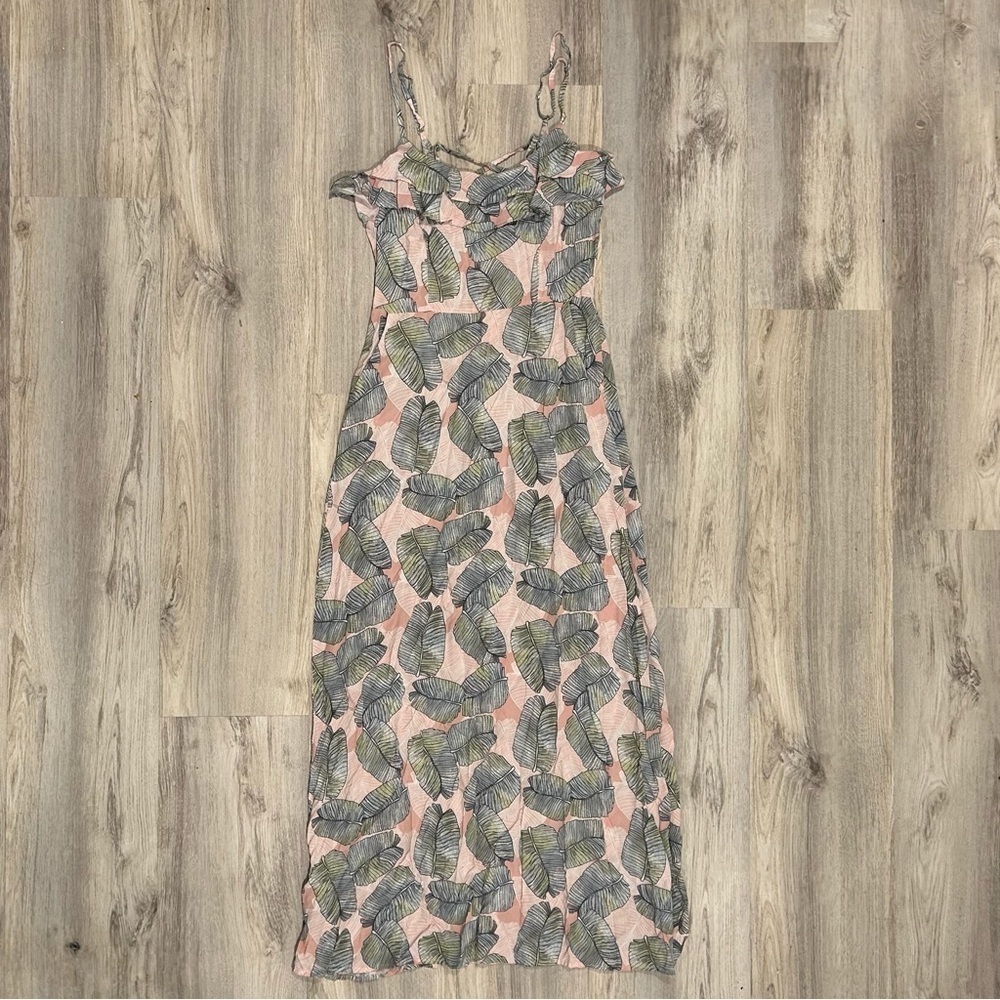 Promesa Pink Leaf Floral Sleeveless Maxi Dress Crisscross Back Tie Ruffle Size L